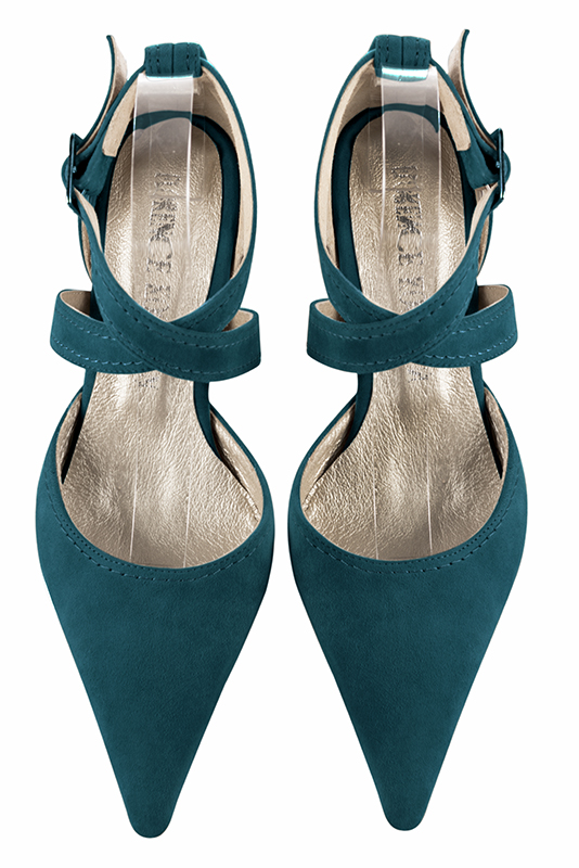 Peacock blue women's open side shoes, with crossed straps. Pointed toe. High spool heels. Top view - Florence KOOIJMAN